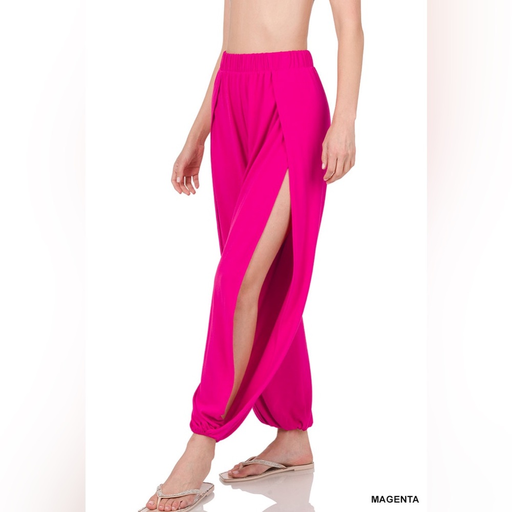 Zenana Split Side Harem Loose Fit Sexy Summer pants, S,M,L,XL,1X,2X,3X, Magenta